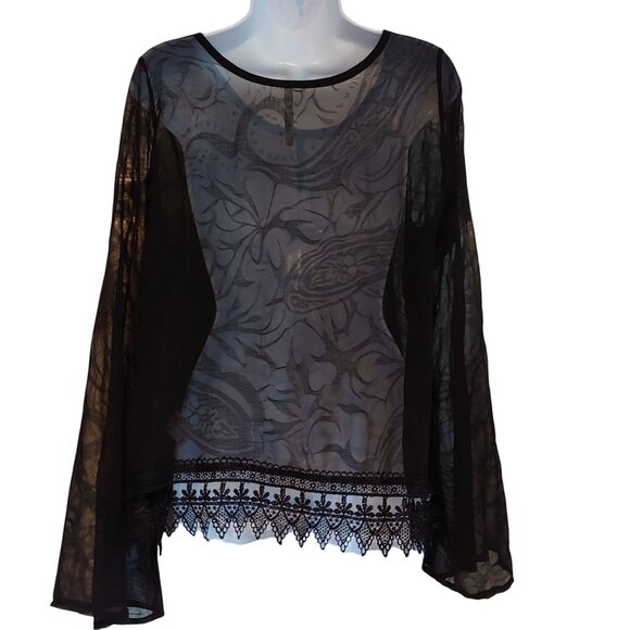 Mona B Smoky Black Sheer Witchy Whimsygoth Grunge Rocker Metal Top Lace L - Picture 11 of 16